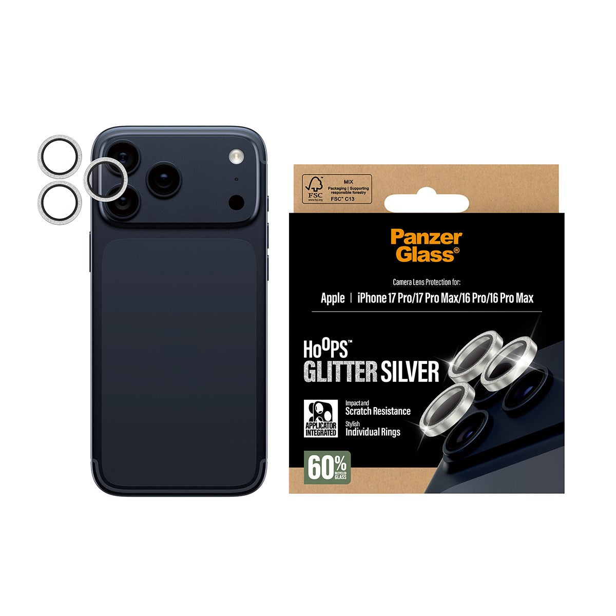 PanzerGlass® Hoops® Camera Lens Protector Glitter Silver iPhone 17 Pro | iPhone 17 Pro Max | iPhone 16 Pro | 16 Pro Max